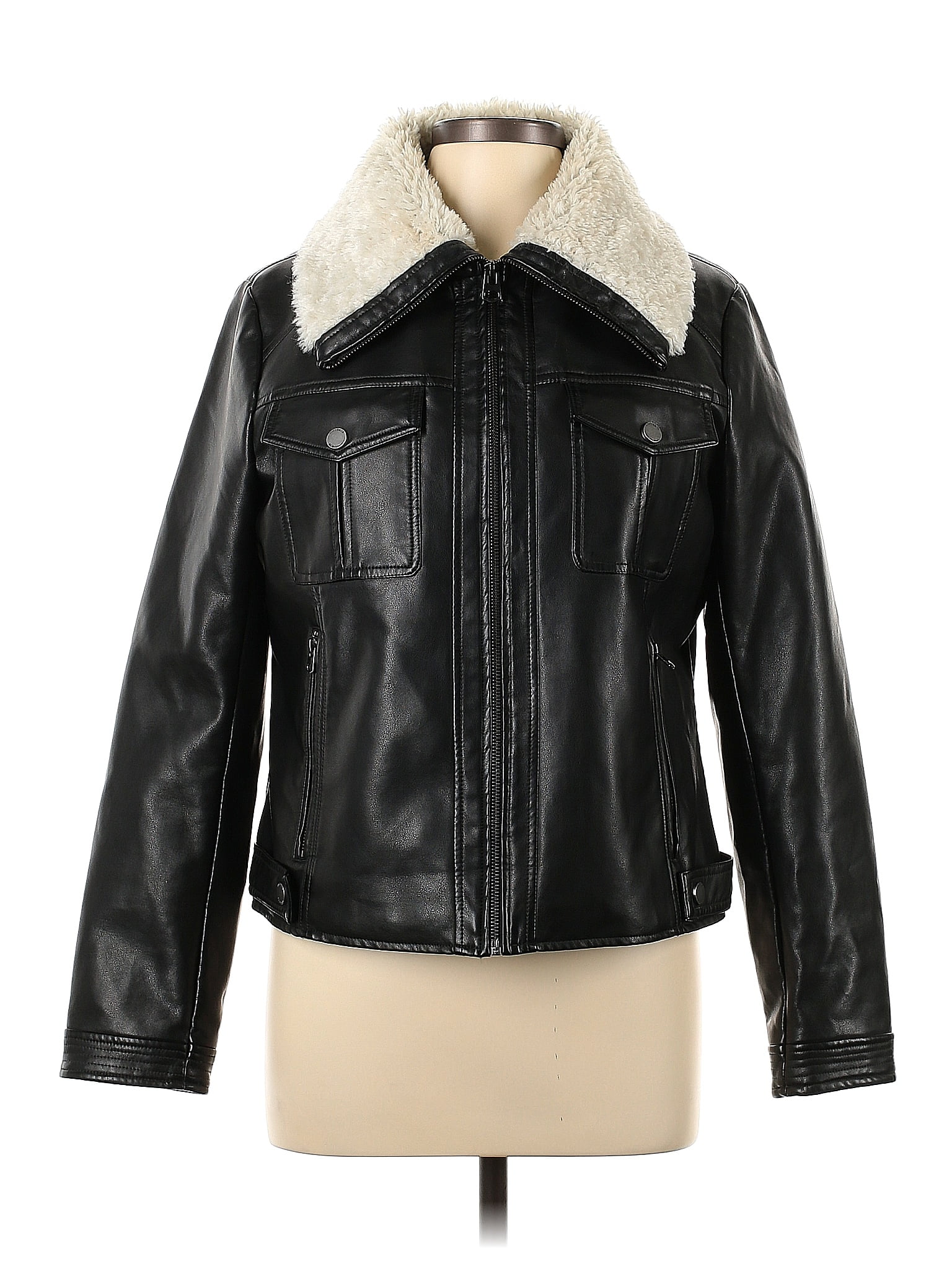 BCBG Paris 100% Polyurethane Solid Black Faux Leather Jacket Size L ...