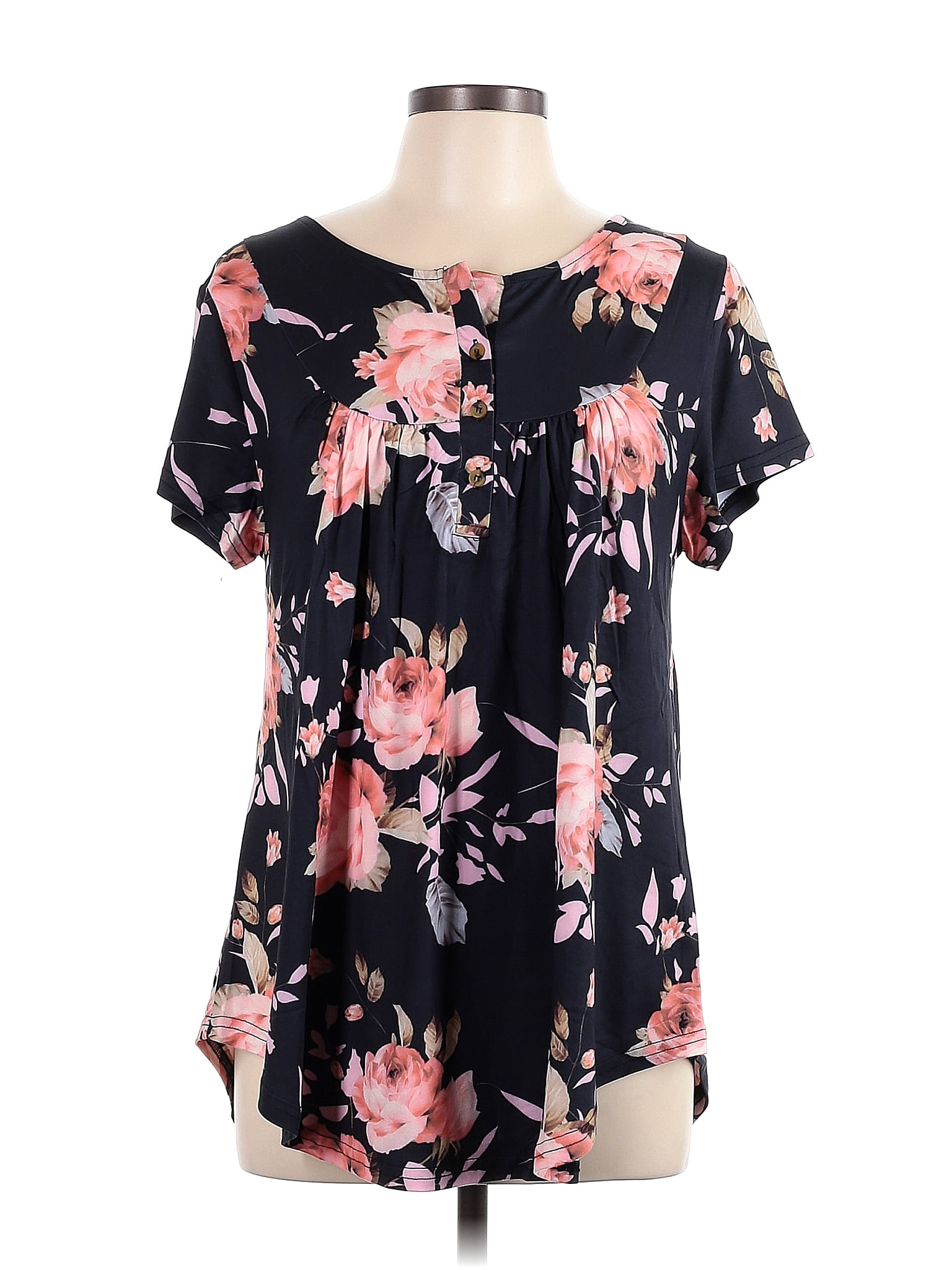 Assorted Brands Color Block Floral Black Short Sleeve Blouse Size L