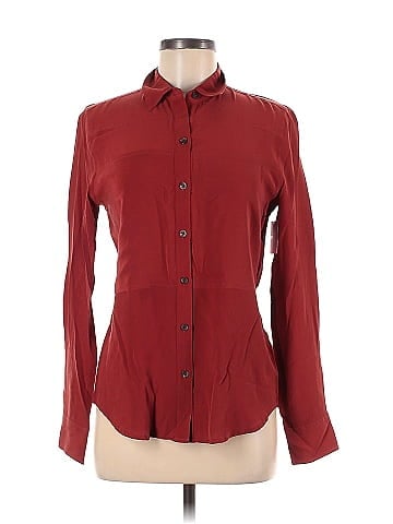 SPANX 100% Silk Checkered-gingham Red Burgundy Long Sleeve Silk