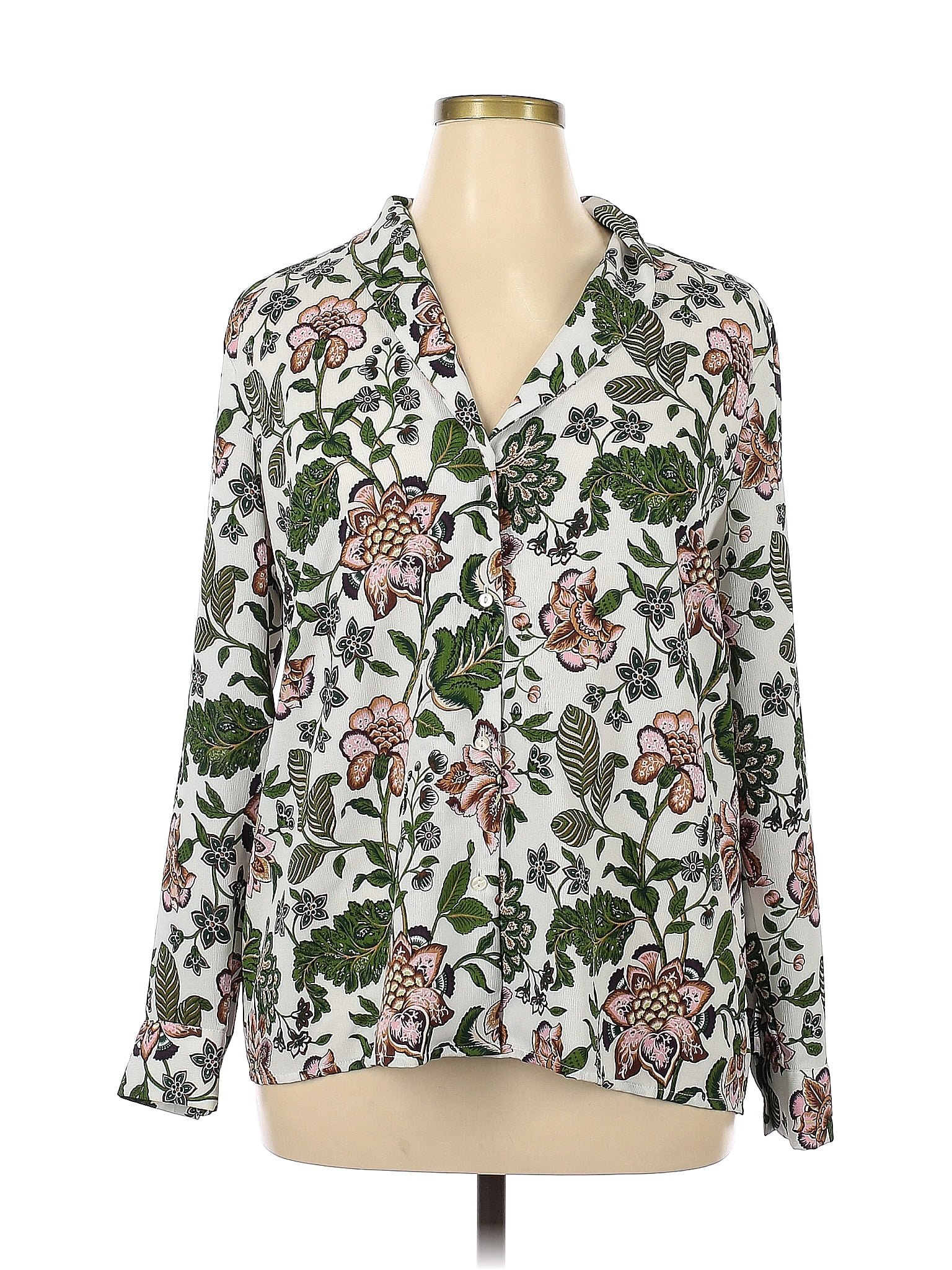 Ann Taylor Factory 100 Polyester Floral White Ivory Long Sleeve Blouse