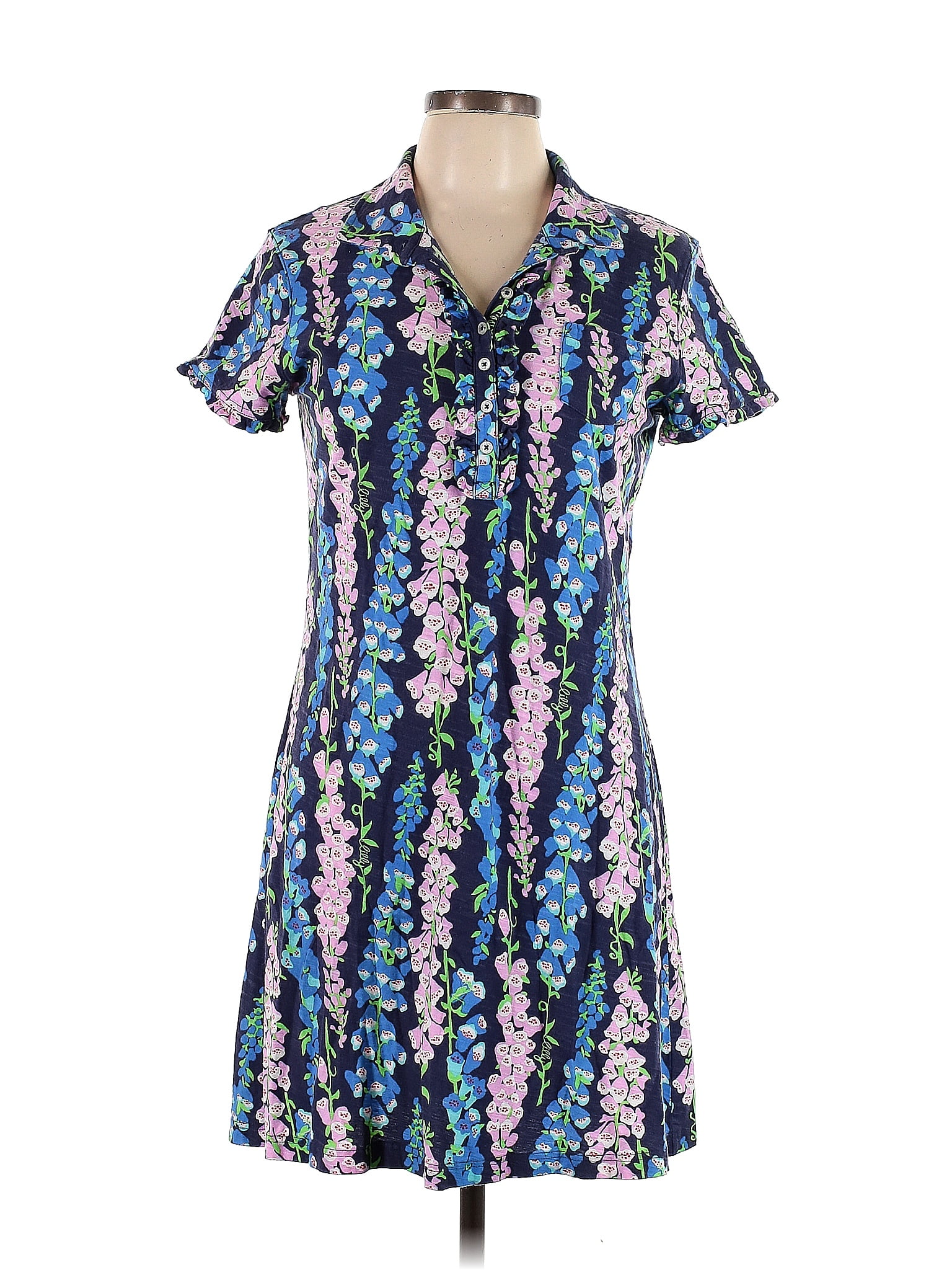 Lilly Pulitzer 100 Cotton Floral Multi Color Blue Casual Dress Size L