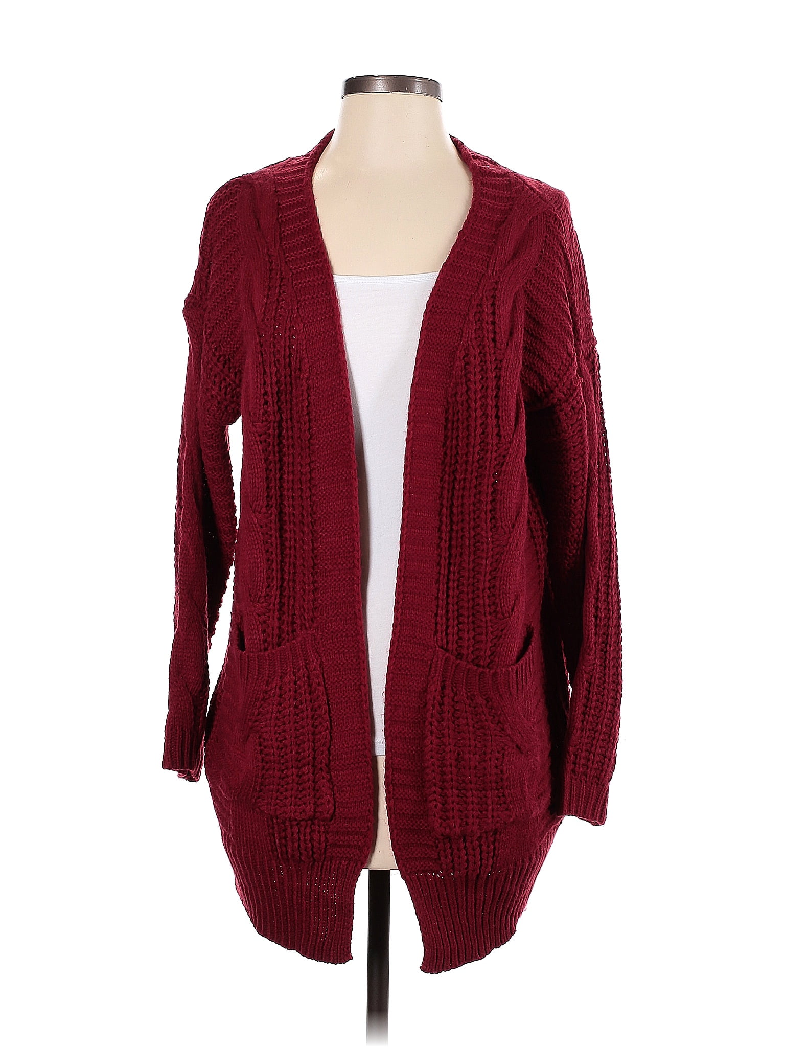 Fashion Nova 100% Acrylic Color Block Solid Red Burgundy Cardigan Size 