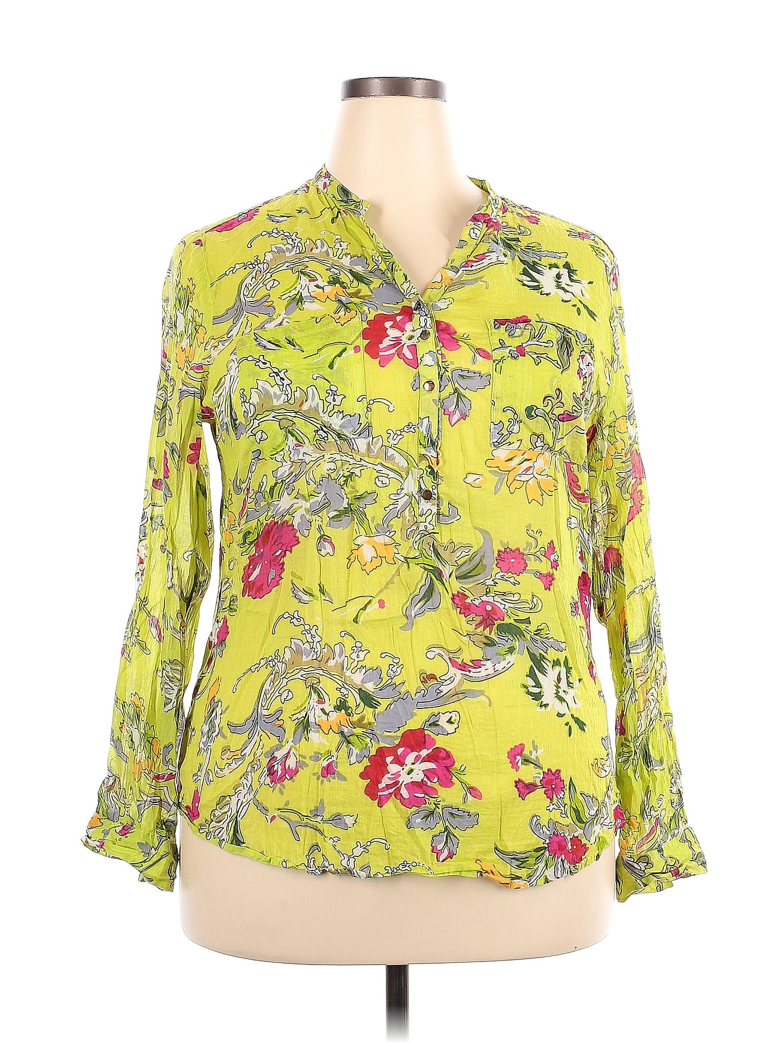 Magazine 100 Cotton Floral Tropical Yellow Green Long Sleeve Blouse