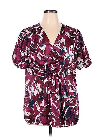 Fashion Bug 100% Polyester Tropical Floral Multi Color Burgundy Short  Sleeve Blouse Size 1X (Plus) - 51% off