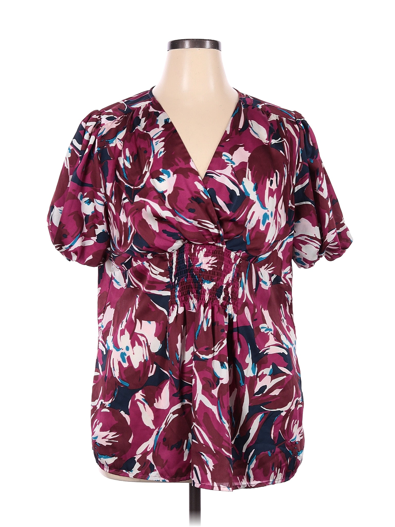 Fashion Bug 100% Polyester Tropical Floral Multi Color Burgundy Short  Sleeve Blouse Size 1X (Plus) - 51% off