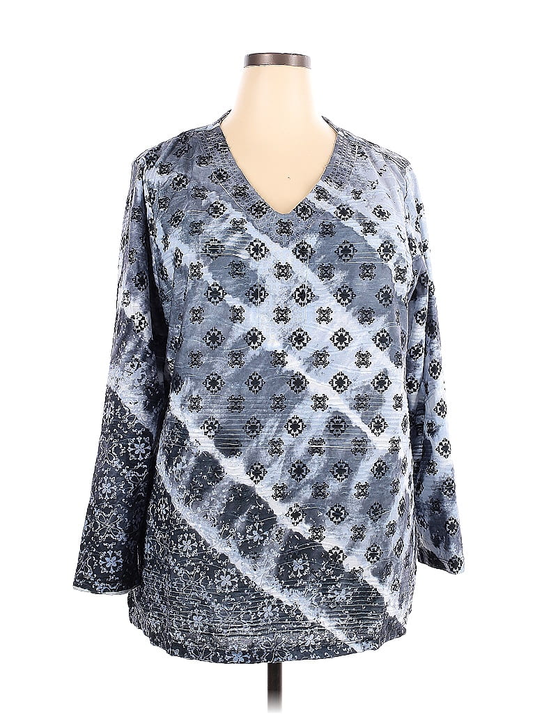 Erika 100% Polyester Batik Silver Long Sleeve Blouse Size 2X (Plus ...