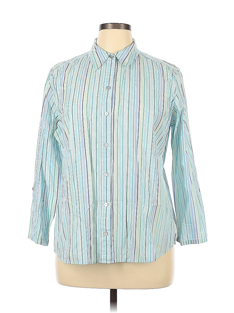 Additions by Chico's Stripes Blue Long Sleeve Button-Down Shirt Size XL ...