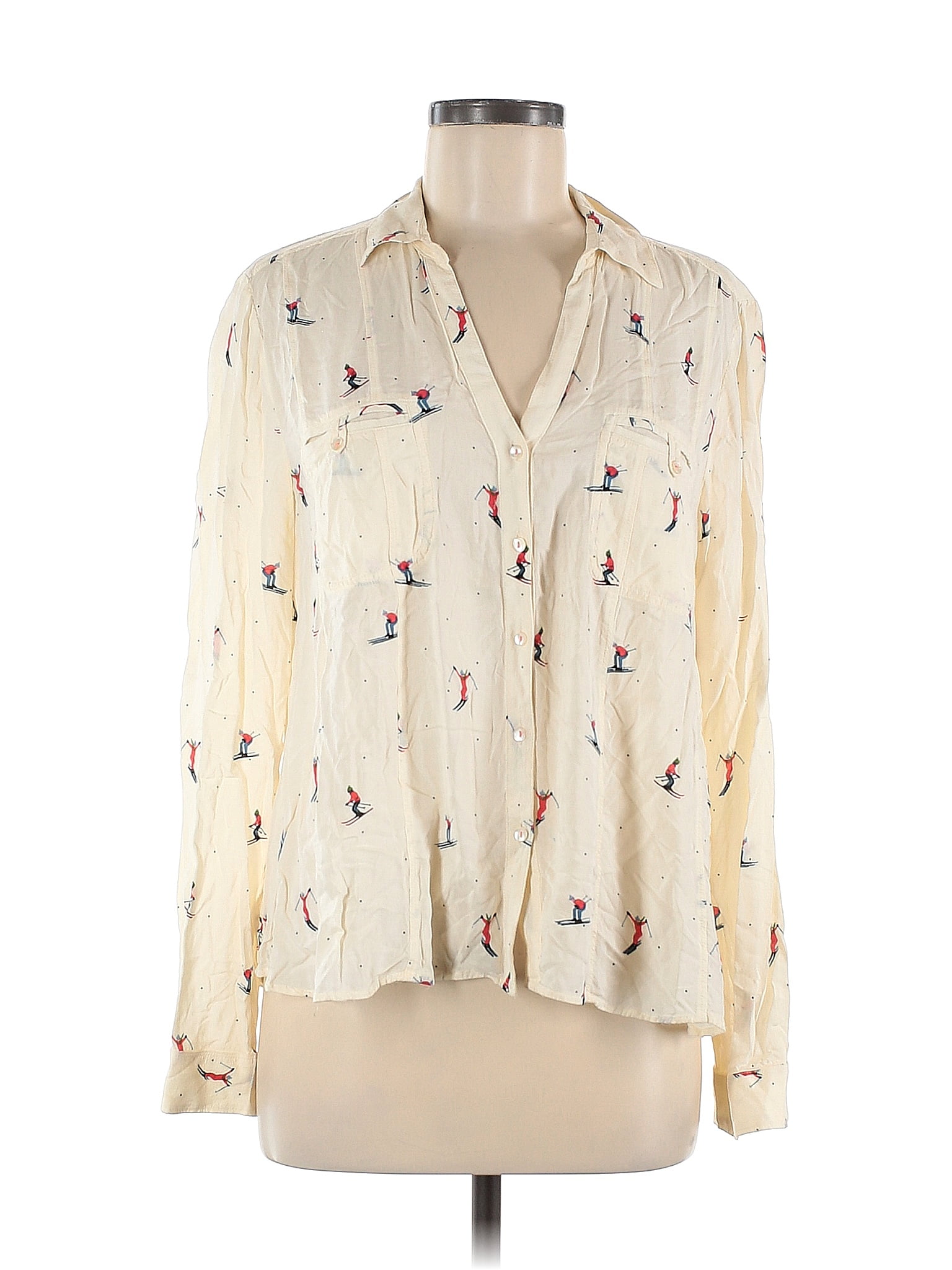 Maeve 100% Rayon Floral Ivory Long Sleeve Button-Down Shirt Size 12 ...