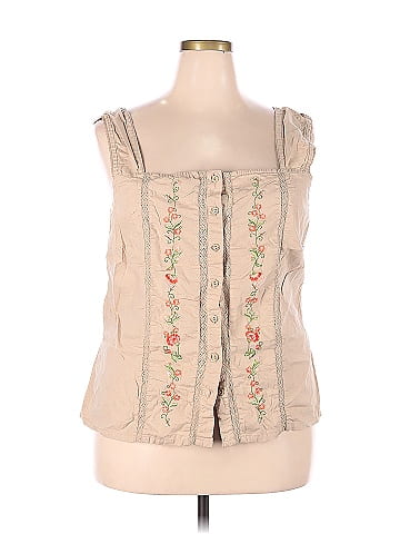 Fashion Bug 100% Cotton Floral Tan Sleeveless Button-Down Shirt Size 18 ( Plus) - 34% off