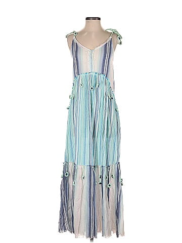 Z L 100 Cotton Stripes Multi Color Blue Casual Dress Size S 68