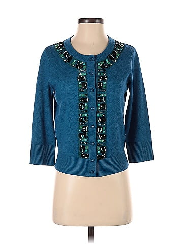 Kate Spade New York Color Block Teal Blue Wool Cardigan Size S