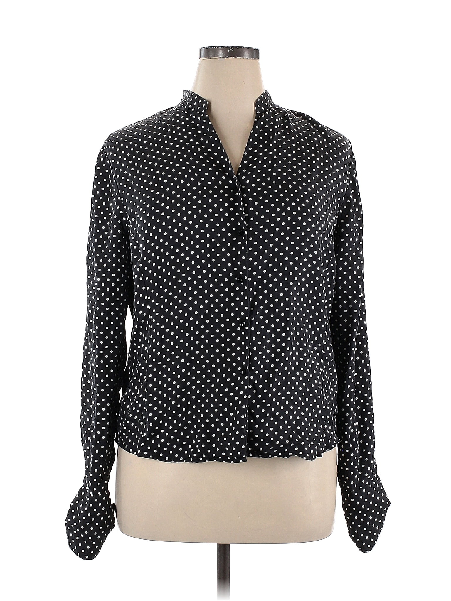 Jones New York Signature 100 Silk Polka Dots Black Long Sleeve Blouse