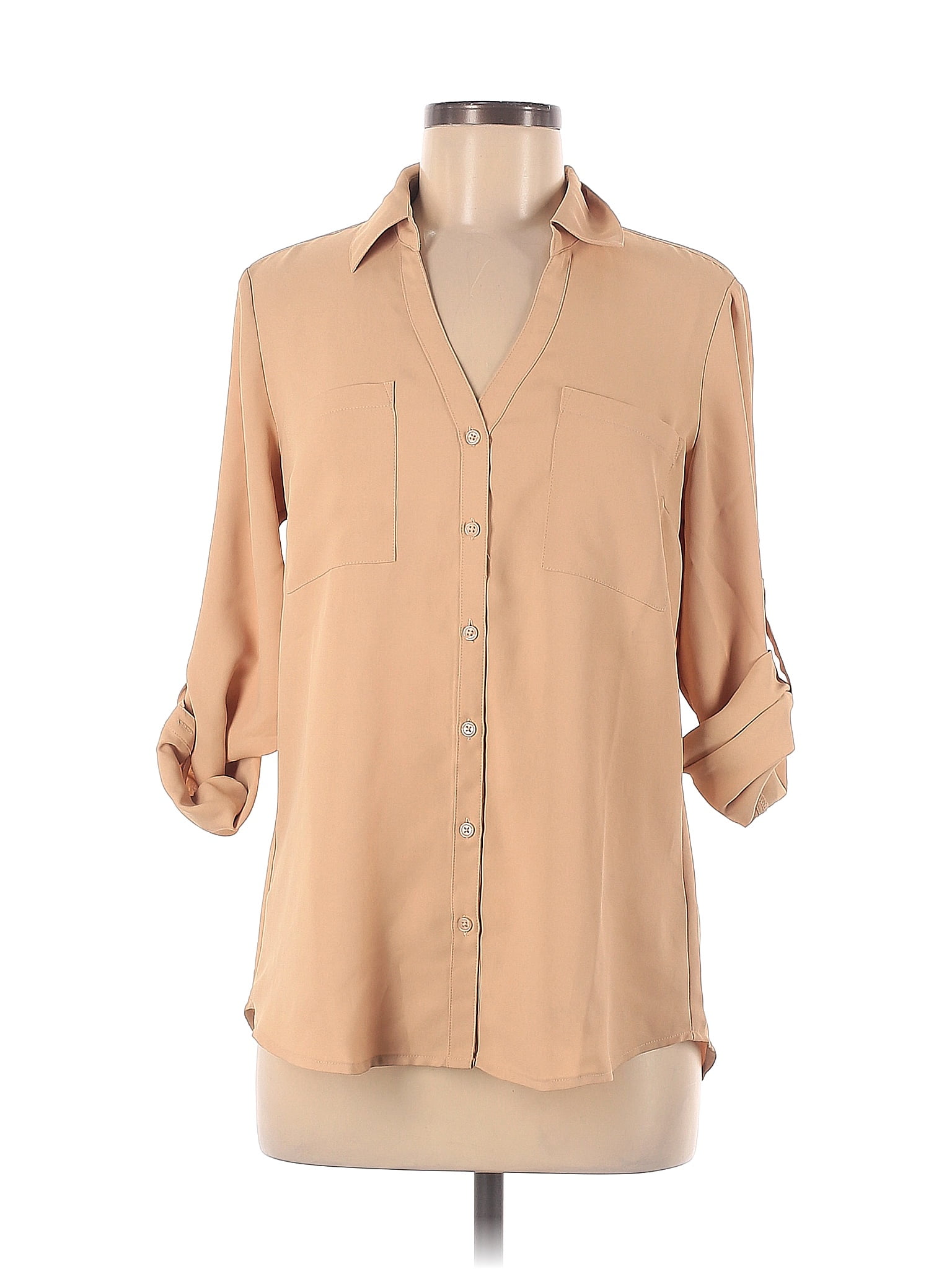 Express 100 Polyester Solid Tan Long Sleeve Blouse Size M 68 Off