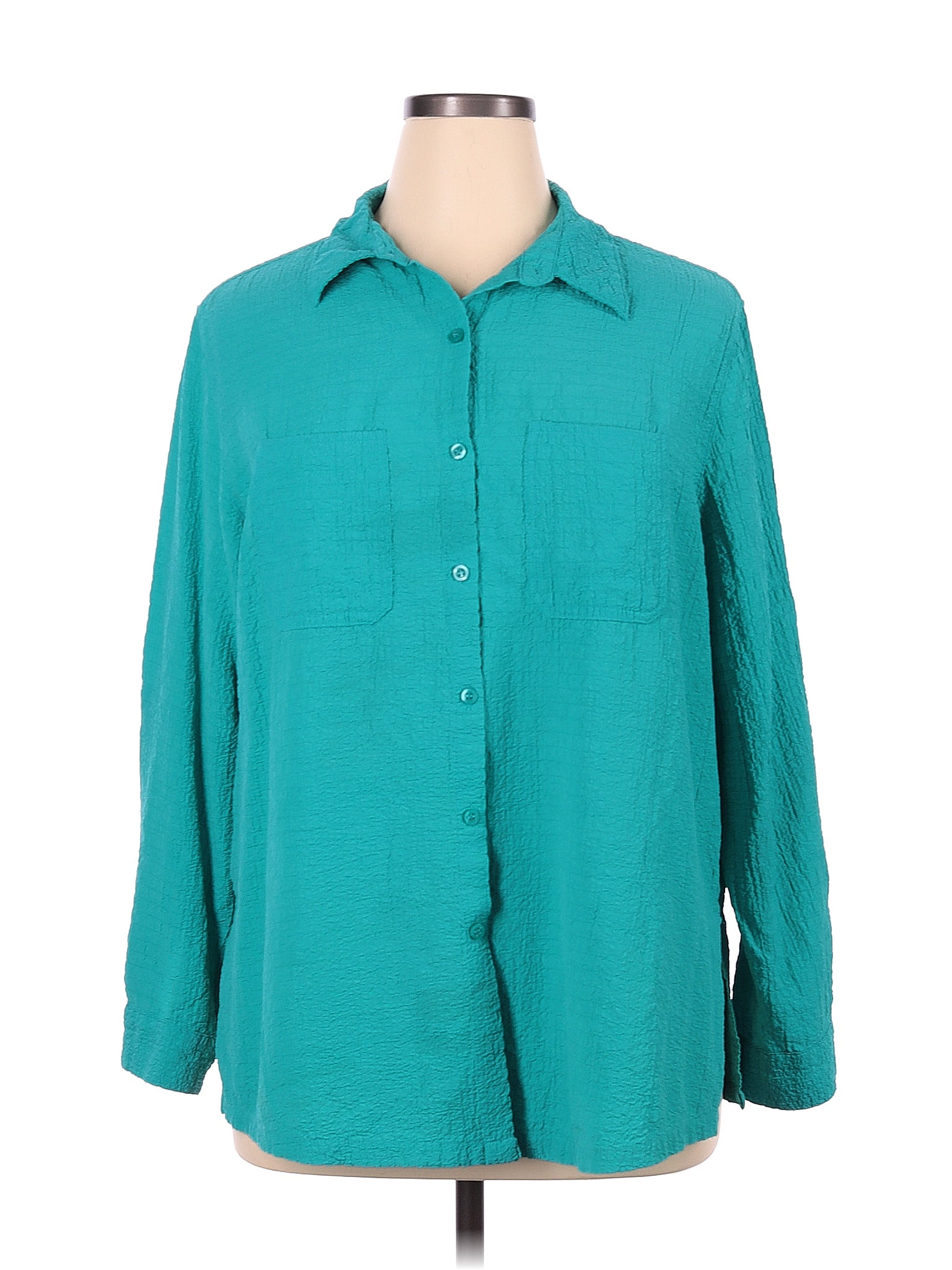 White Stag Checkered Gingham Blue Teal Long Sleeve Button Down Shirt