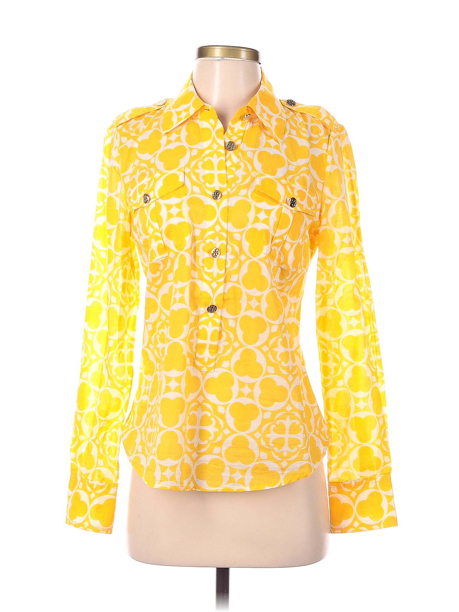 Tory Burch 100 Cotton Checkered Gingham Yellow Long Sleeve Button Down