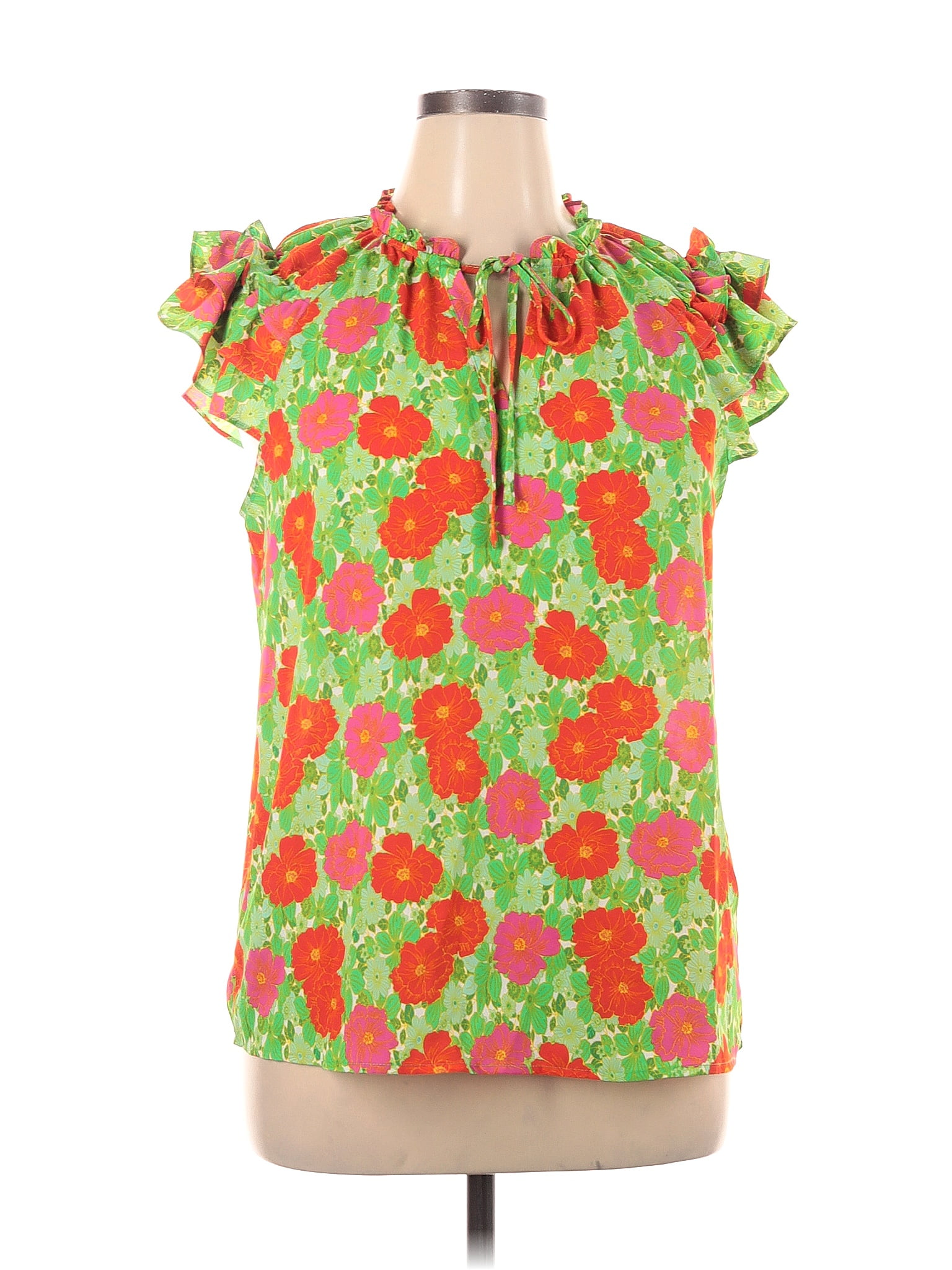 Pleione 100 Polyester Floral Multi Color Green Short Sleeve Blouse