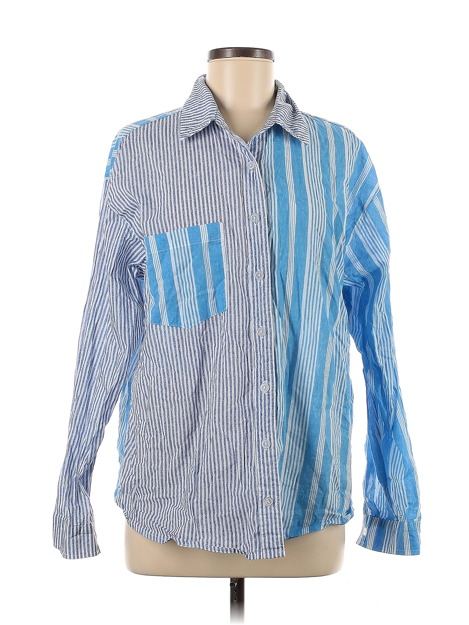 Wild Fable 100% Cotton Stripes Blue Long Sleeve Button-Down Shirt Size ...