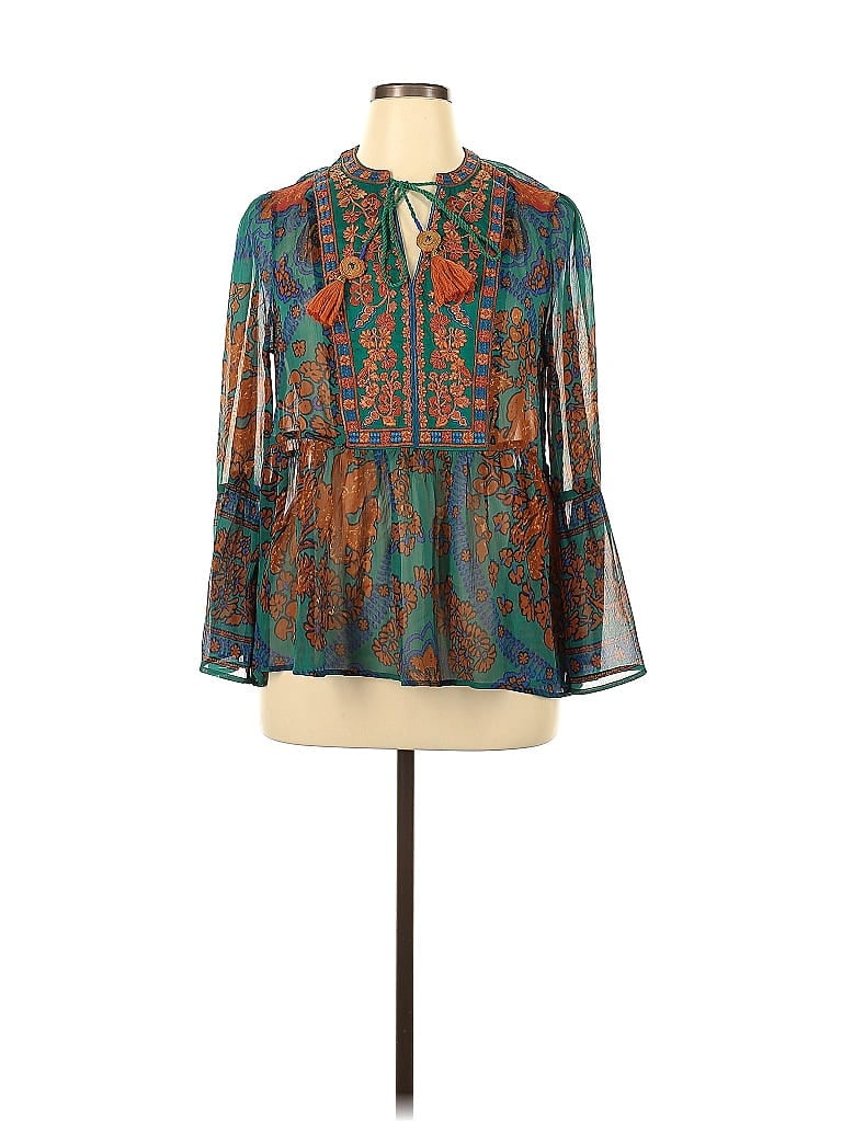 Soft Surroundings 100 Polyester Multi Color Teal Long Sleeve Blouse