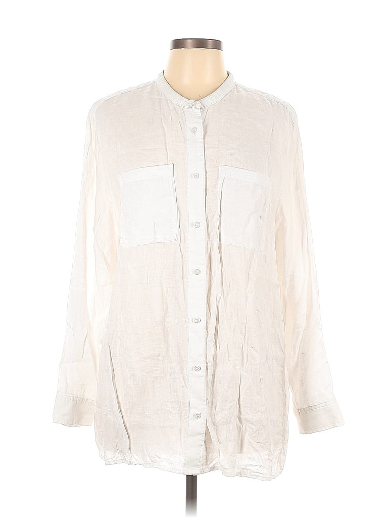 Lands End 100 Linen Solid White Ivory Long Sleeve Button Down Shirt