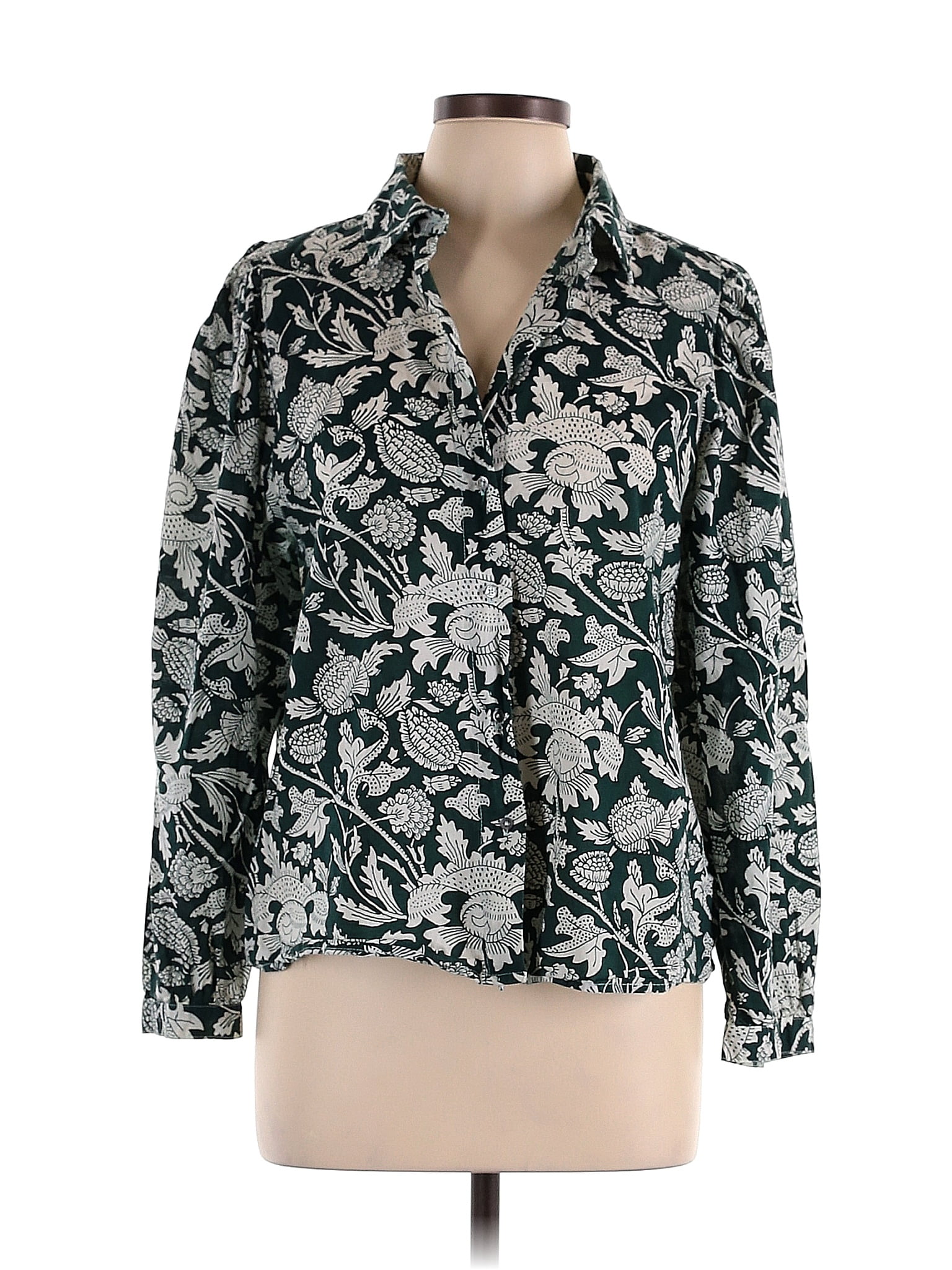 Lilla P 100% Cotton Floral Green Silver Long Sleeve Button-Down Shirt ...