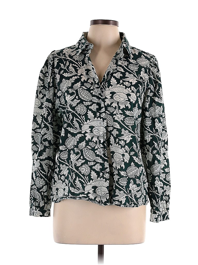 Lilla P 100% Cotton Floral Green Silver Long Sleeve Button-Down Shirt ...