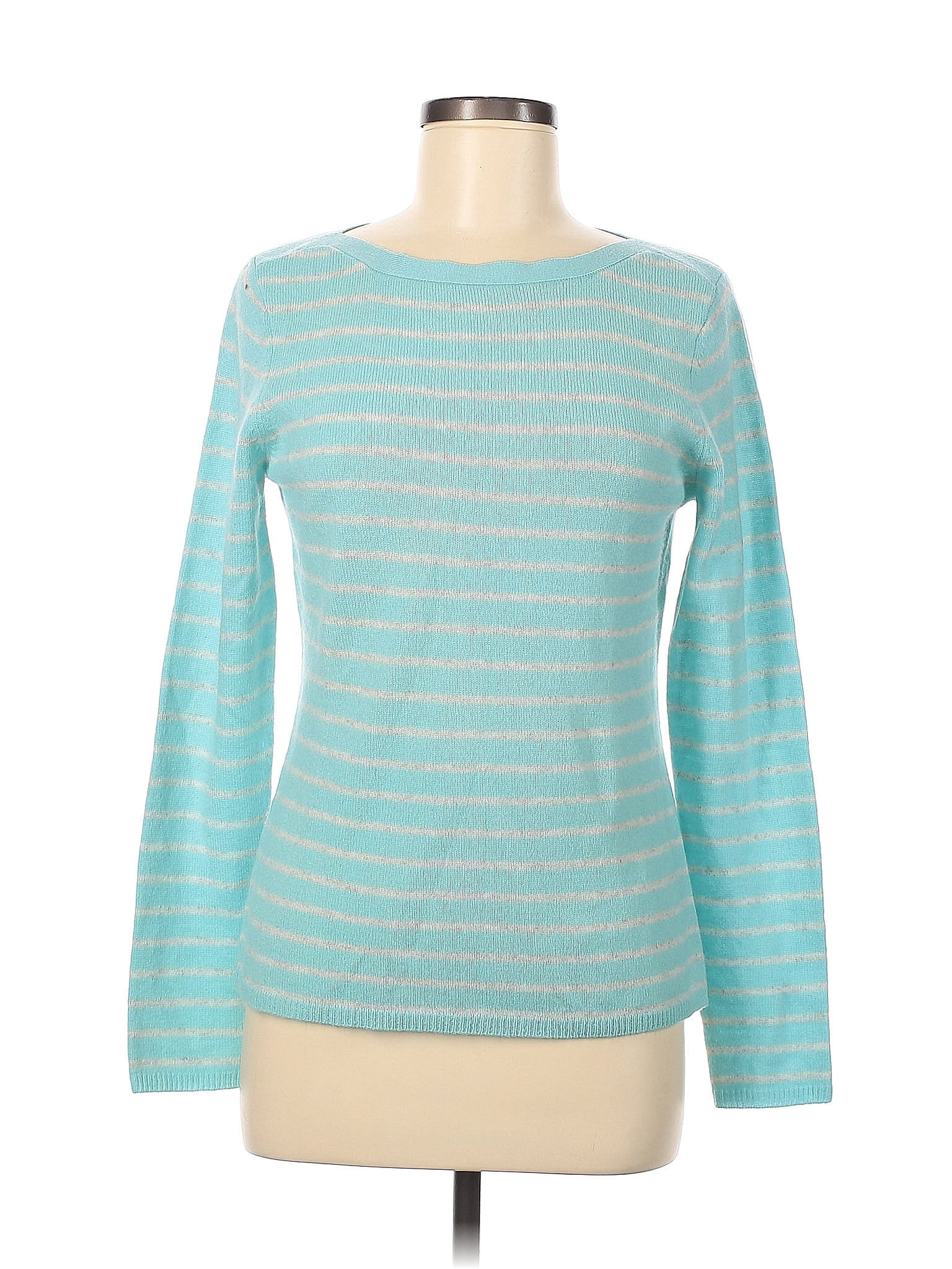 Pull Col V 100% Cachemire Peck & Peck Taille S - Aqua Avec Bordure Grise - Occasion Très Bon état