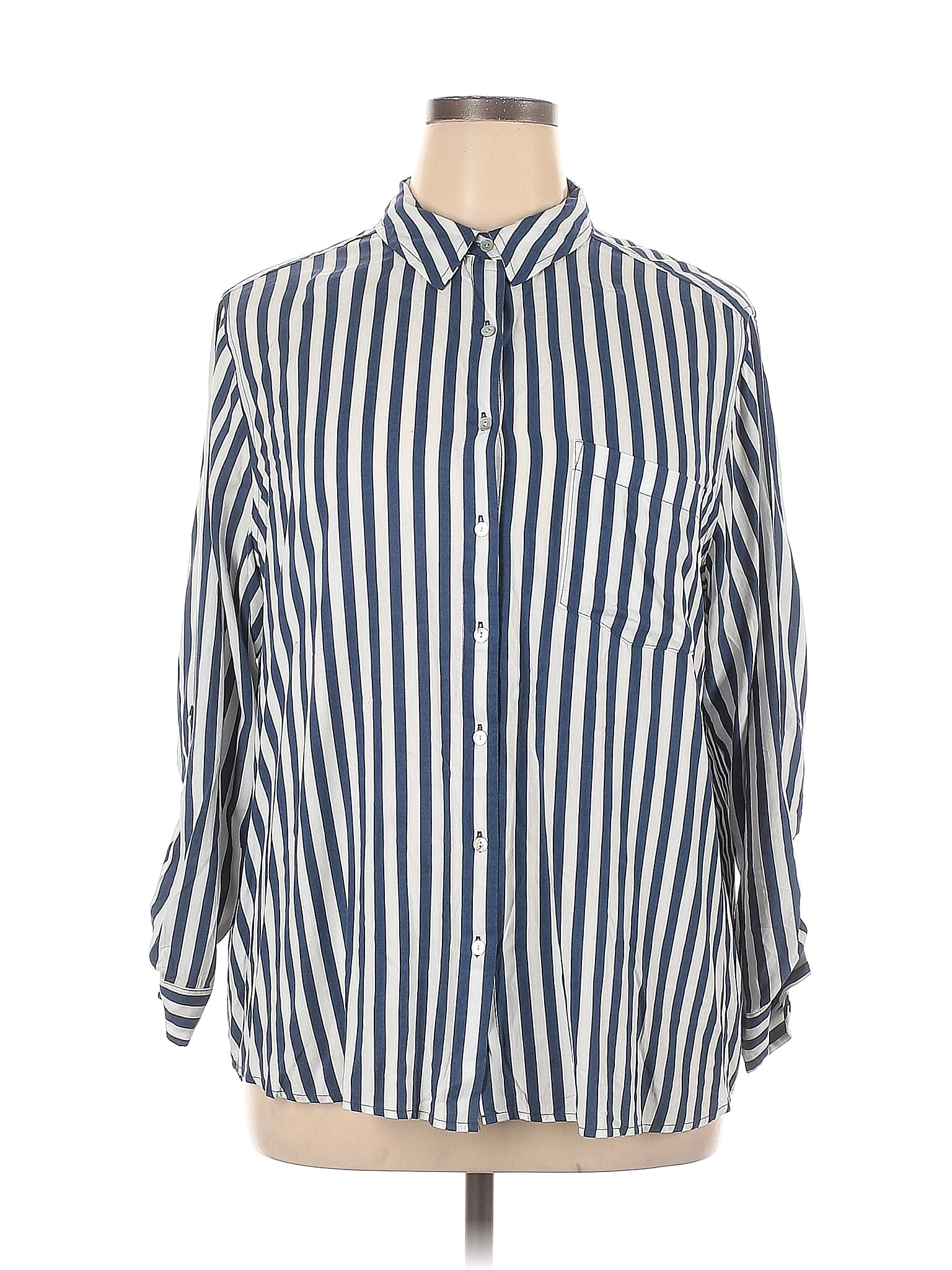 Jane and Delancey 100 Rayon Stripes White Blue Long Sleeve ButtonDown