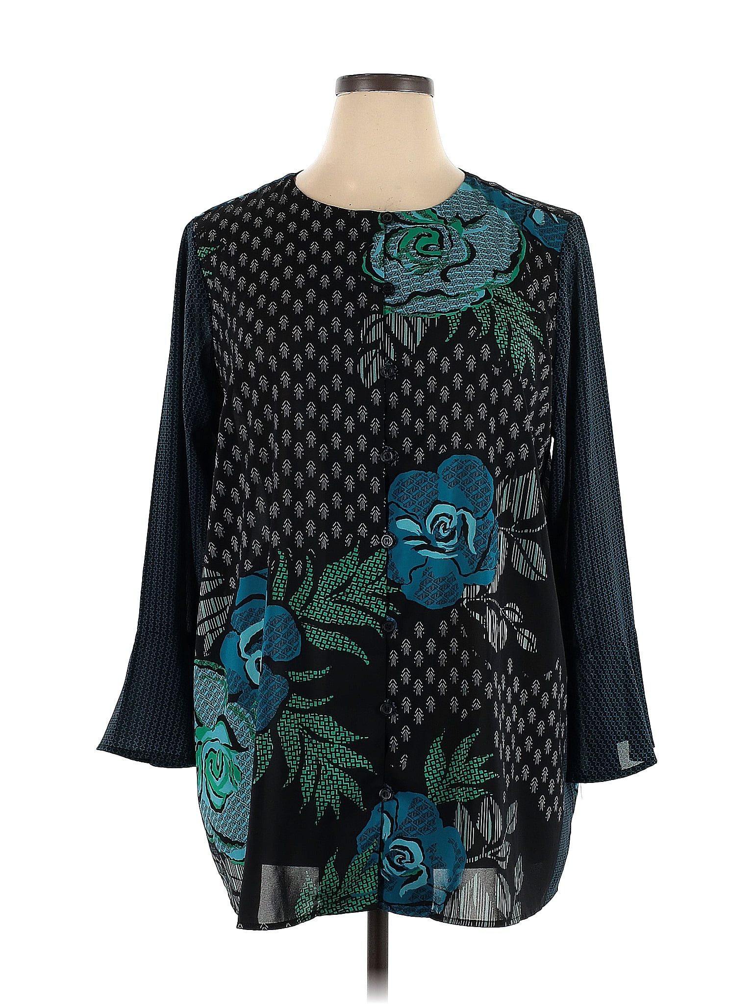 Bob Mackie Color Block Floral Teal Long Sleeve Blouse Size XL - 55% off ...