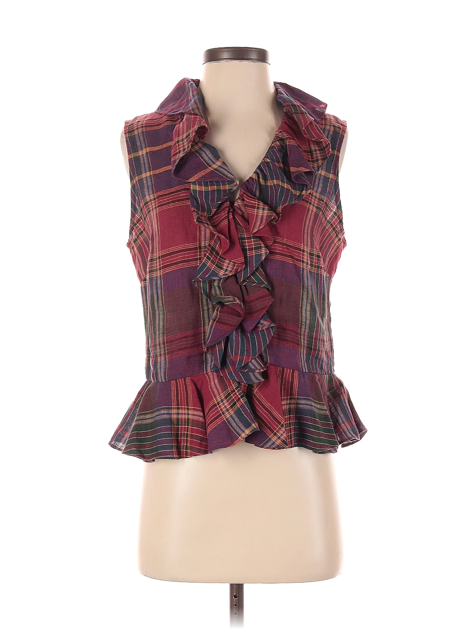 Lauren By Ralph Lauren 100 Linen Plaid Burgundy Sleeveless Blouse Size