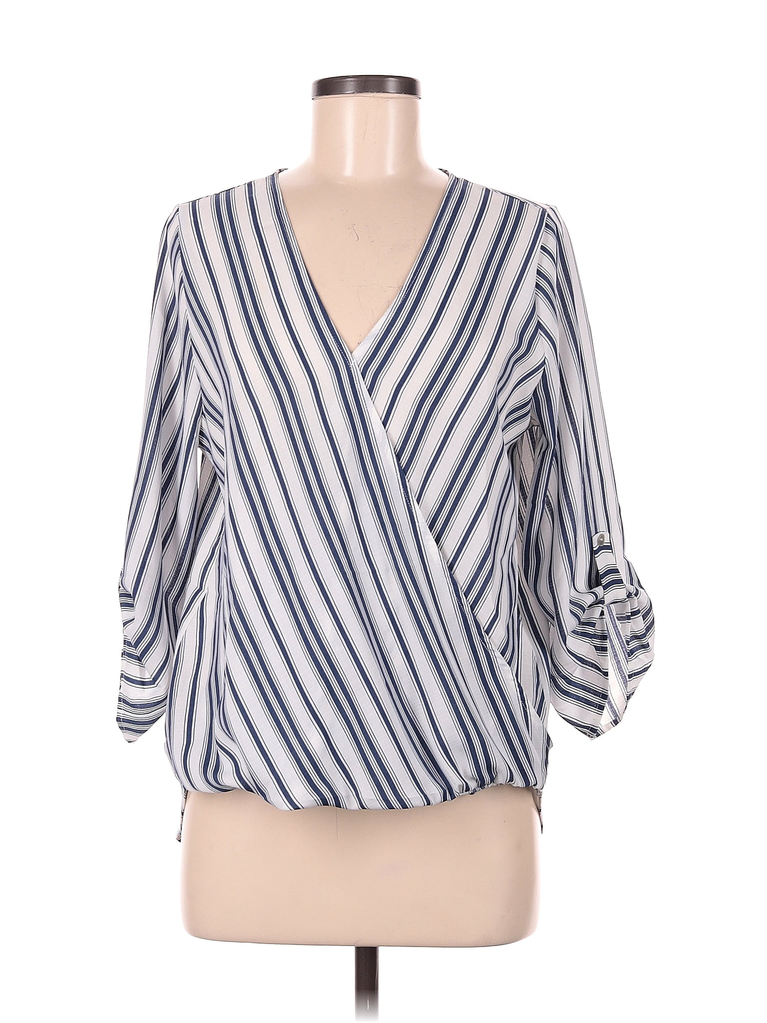 West Kei 100 Linen Stripes White Blue Long Sleeve Blouse Size M 40