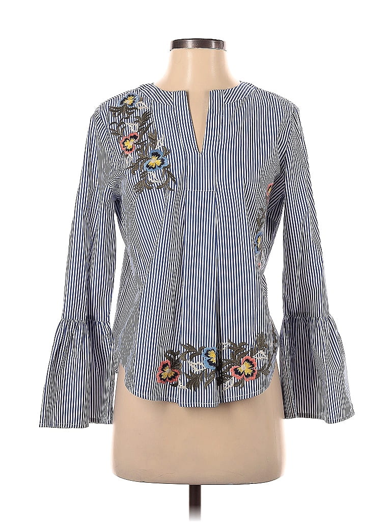 Blue Cotton Long Sleeves Striped Bandana Blouse