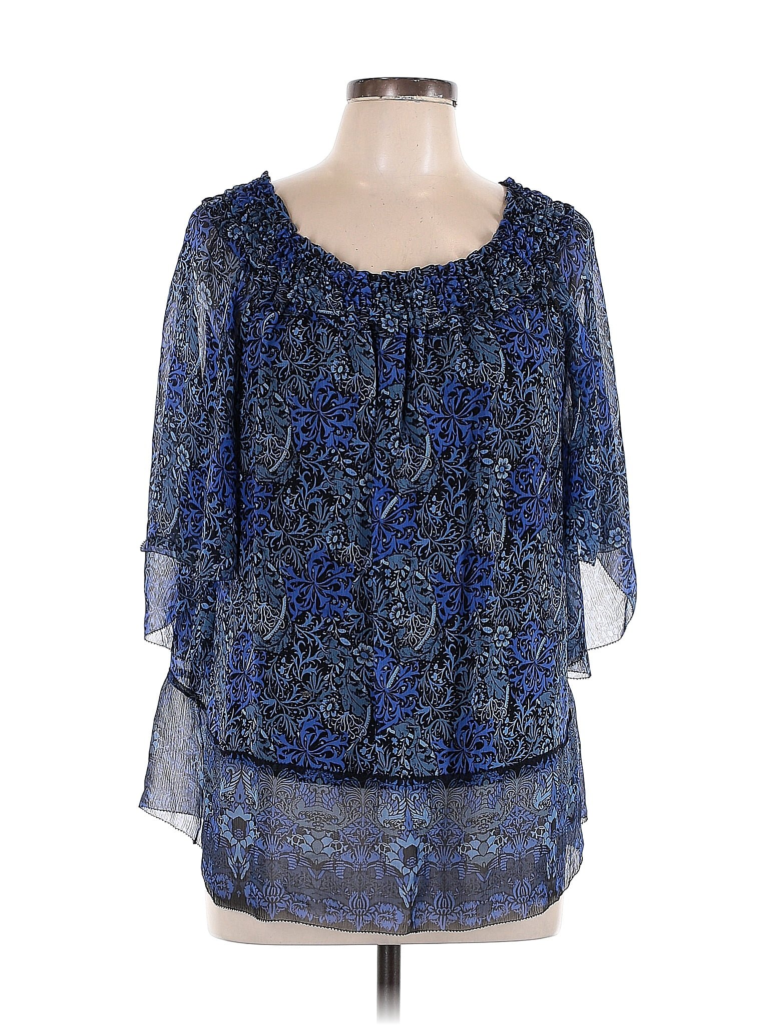 Elie Tahari 100% Silk Paisley Blue Short Sleeve Silk Top Size Lg ...