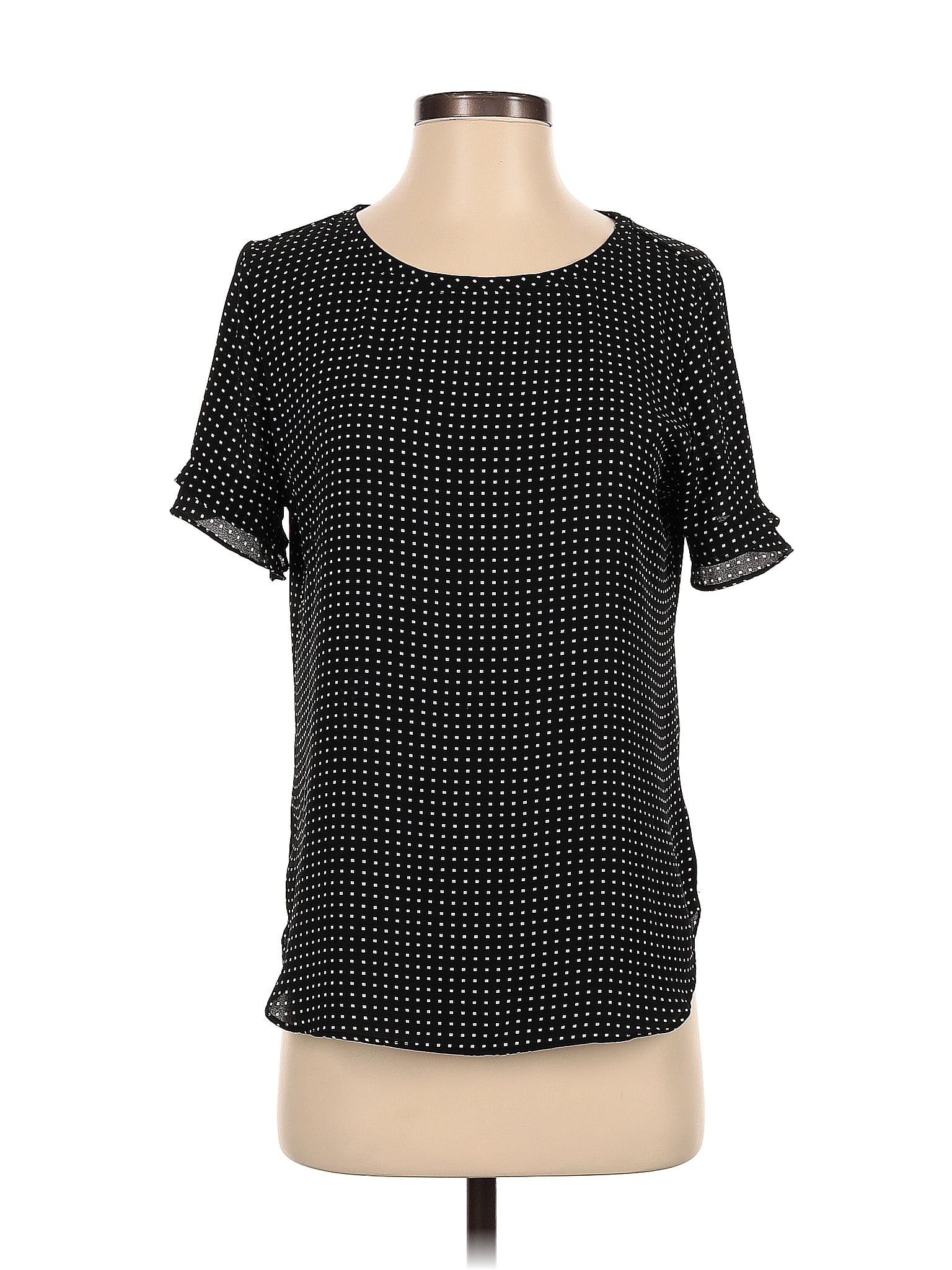 Ann Taylor Factory 100 Polyester Polka Dots Black Short Sleeve Blouse