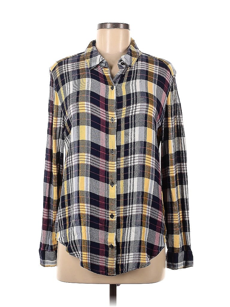 Caslon 100% Rayon Plaid Checkered-gingham Color Block Yellow Long Sleeve Button-Down Shirt Size M - photo 1