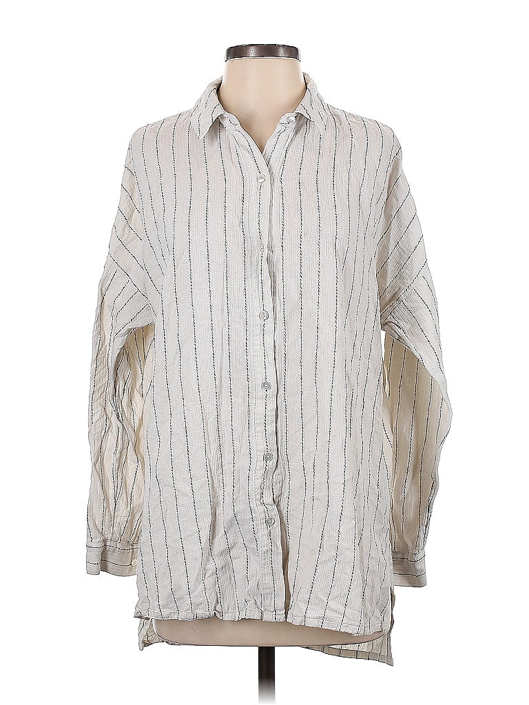 Eileen Fisher Stripes Silver Long Sleeve Button-Down Shirt Size Sm ...