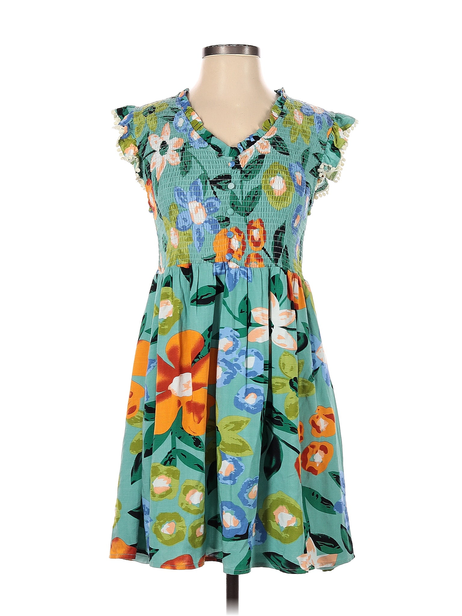 THML 100% Polyester Floral Multi Color Green Casual Dress Size S - 66% ...