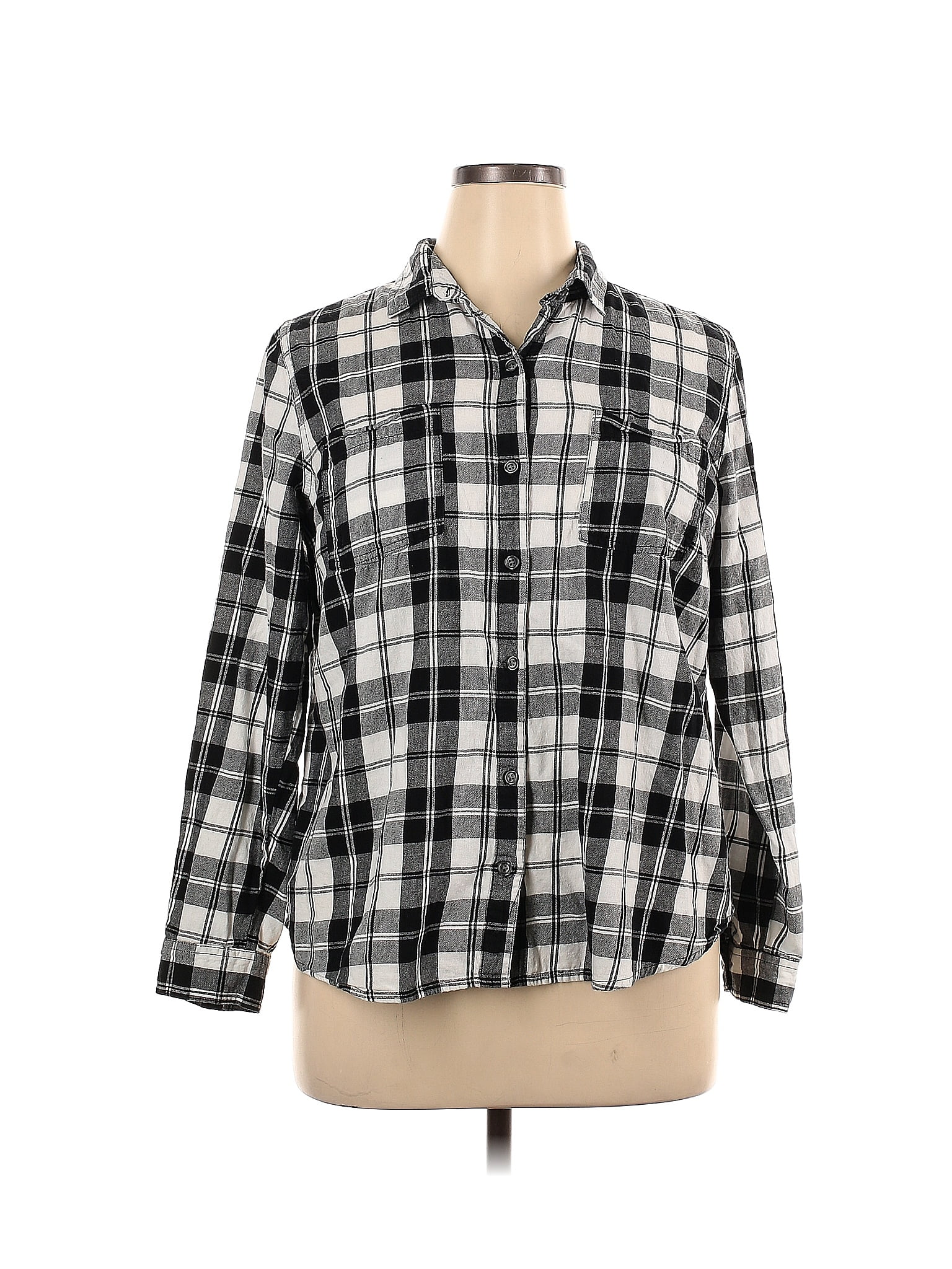 Old Navy 100% Cotton Plaid Gray Long Sleeve Button-Down Shirt Size XL ...