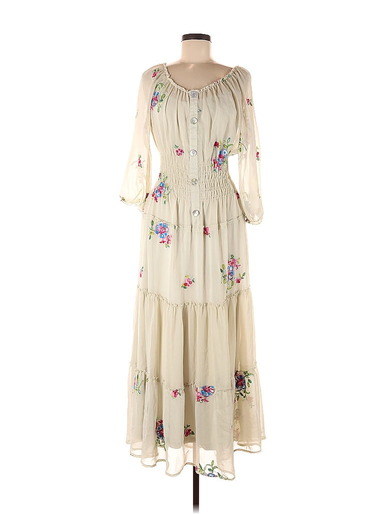 Fig and Flower 100% Polyester Floral Tan Ivory Casual Dress Size M - 46 ...