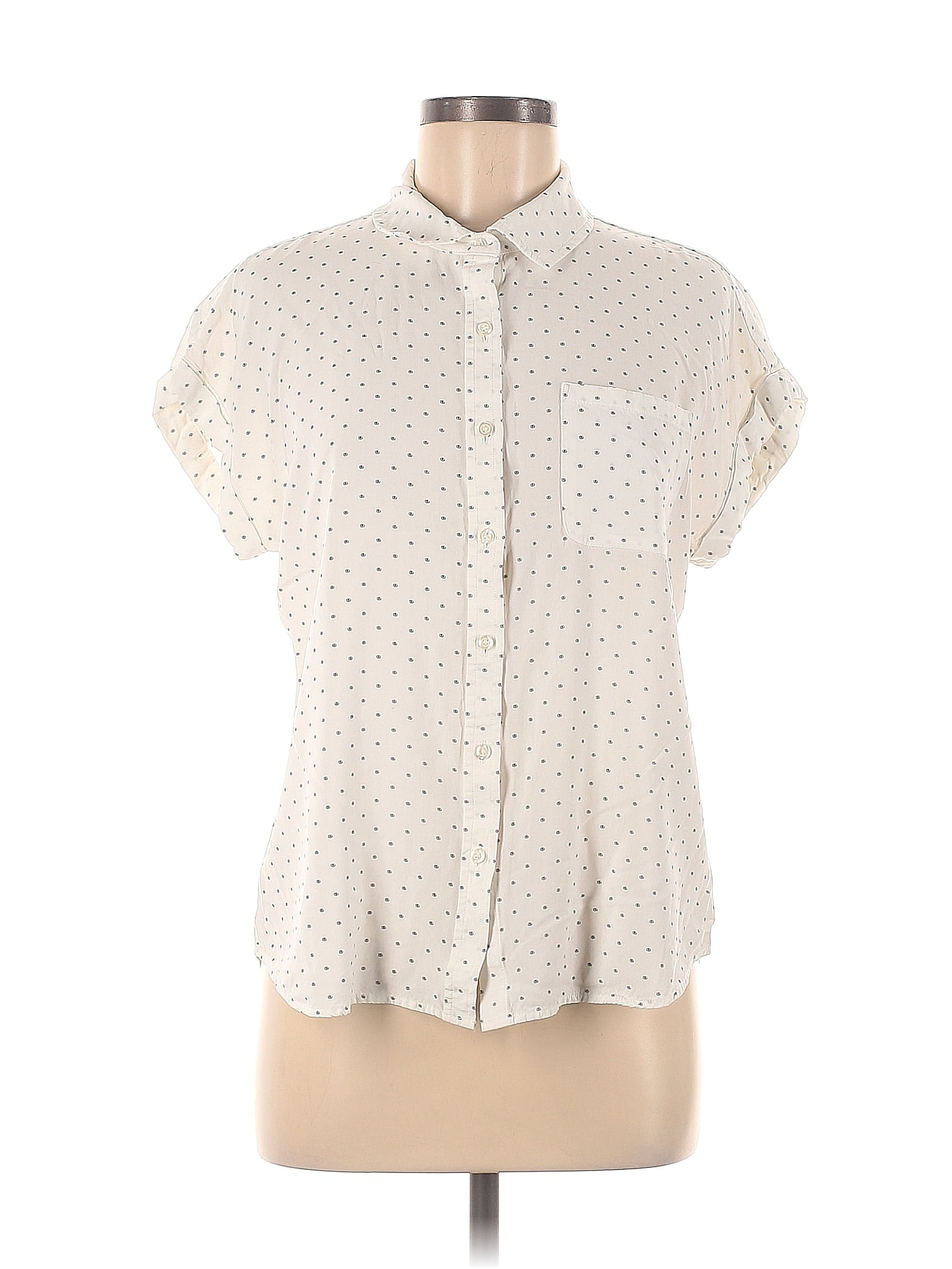 Cosmic Blue Love 100% Rayon Polka Dots White Ivory Short Sleeve Button ...