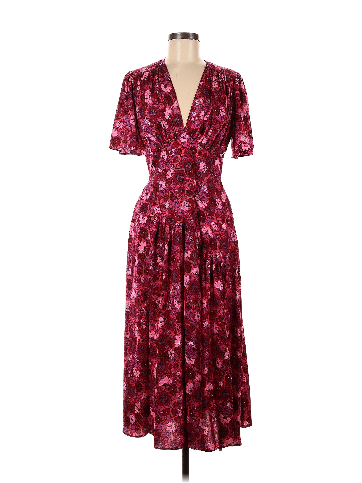 Topshop 100% Polyester Floral Multi Color Burgundy Casual Dress Size 6 ...