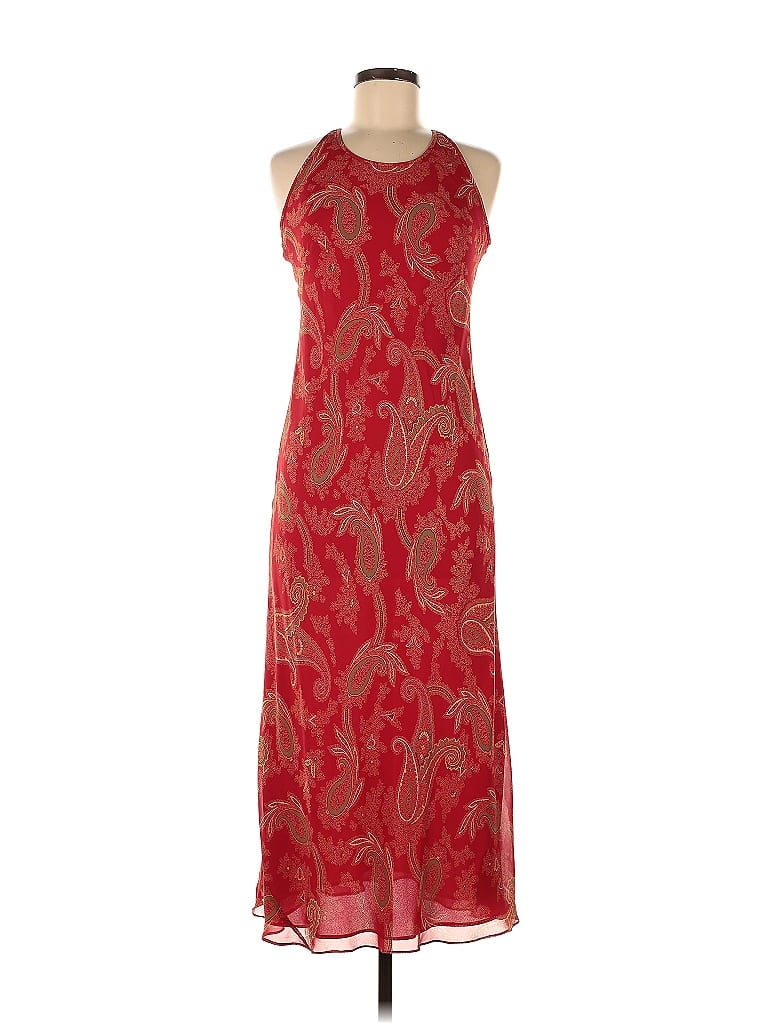 Ann Taylor 100% Silk Jacquard Tortoise Snake Print Damask Paisley Batik Brocade Red Casual Dress Size 6 (Petite) - photo 1
