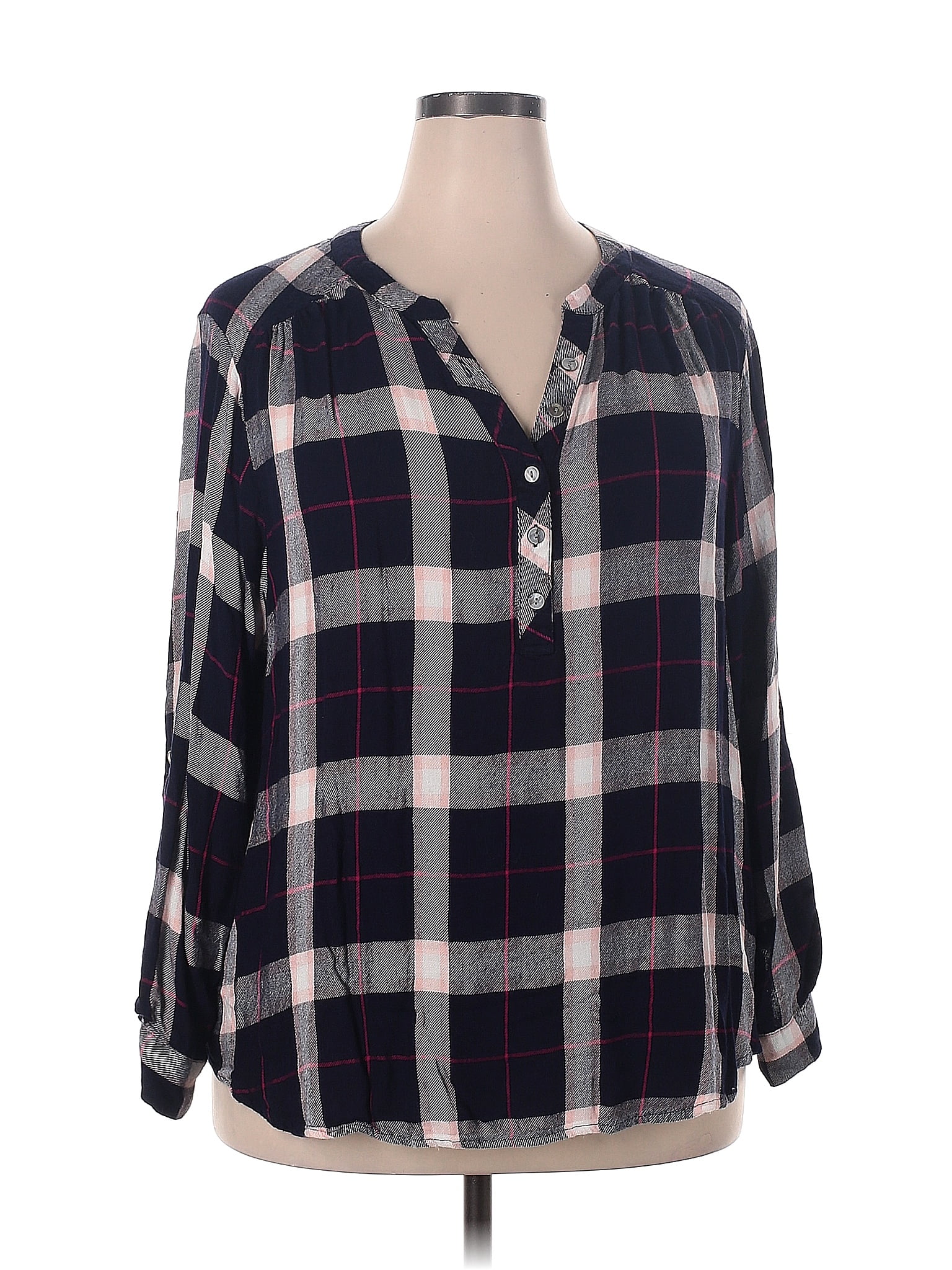 Jane and Delancey 100% Rayon Checkered-gingham Gray Long Sleeve Blouse ...