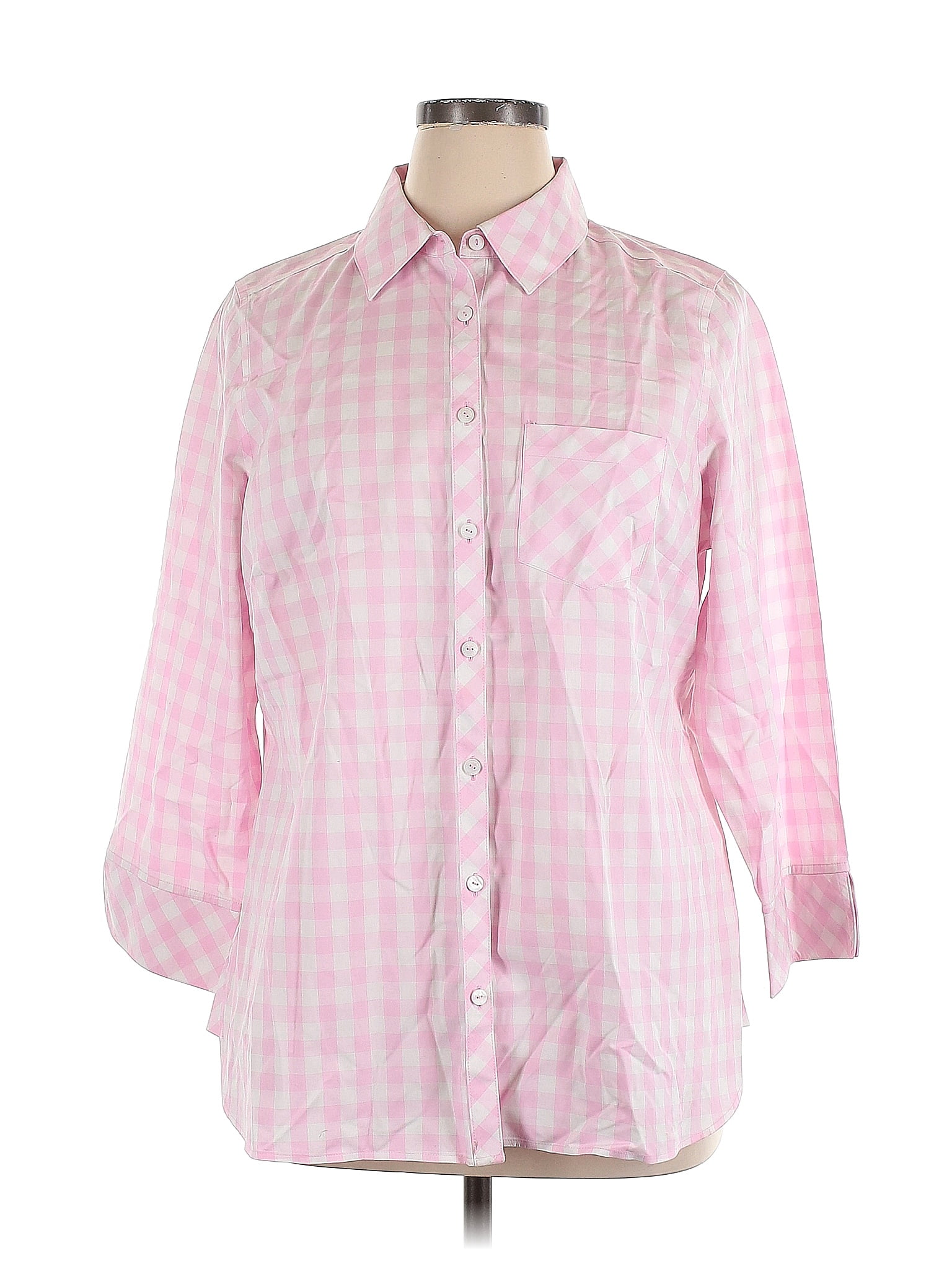 Foxcroft 100 Cotton Checkered Gingham Pink Long Sleeve Button Down