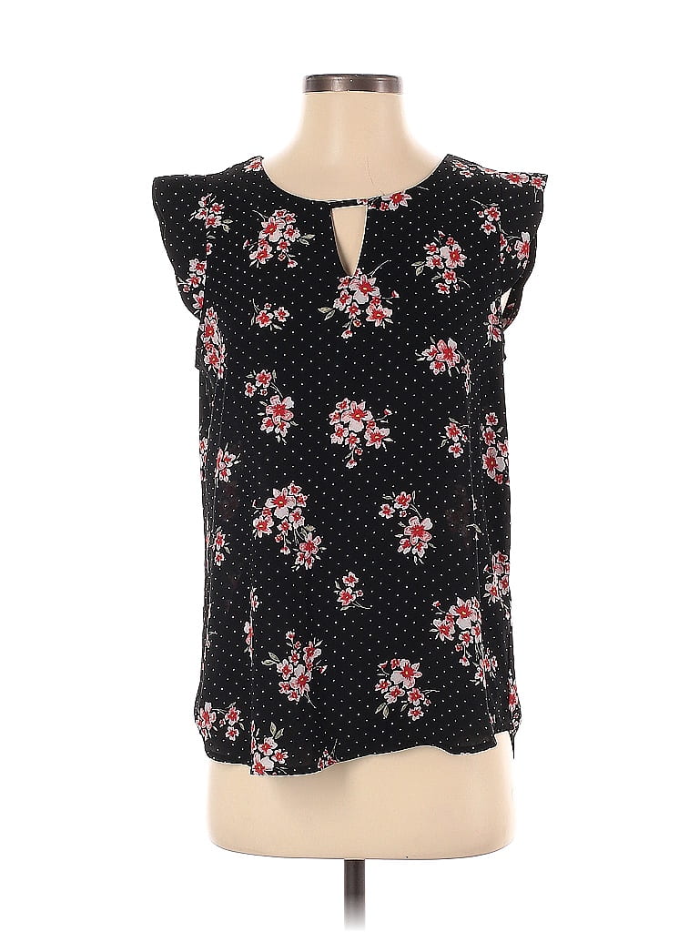 Counterparts 100 Polyester Floral Black Short Sleeve Blouse Size S