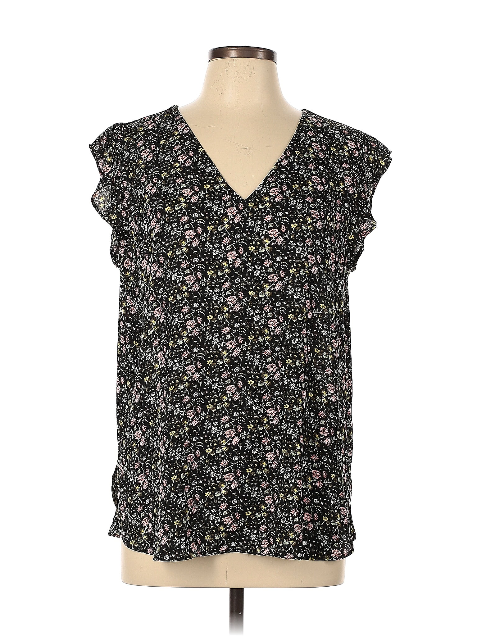 Ann Taylor Loft 100 Polyester Floral Black Short Sleeve Blouse Size L