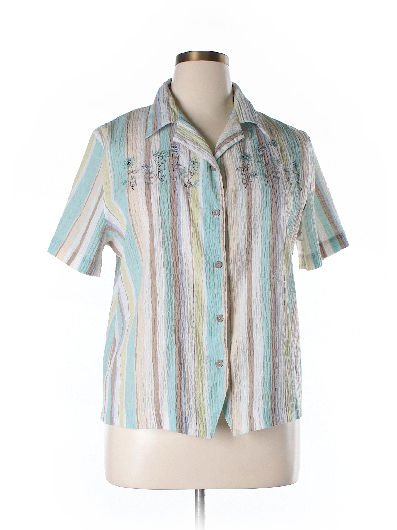 Alfred Dunner Stripes Light Blue Short Sleeve Button-Down Shirt Size 18 ...