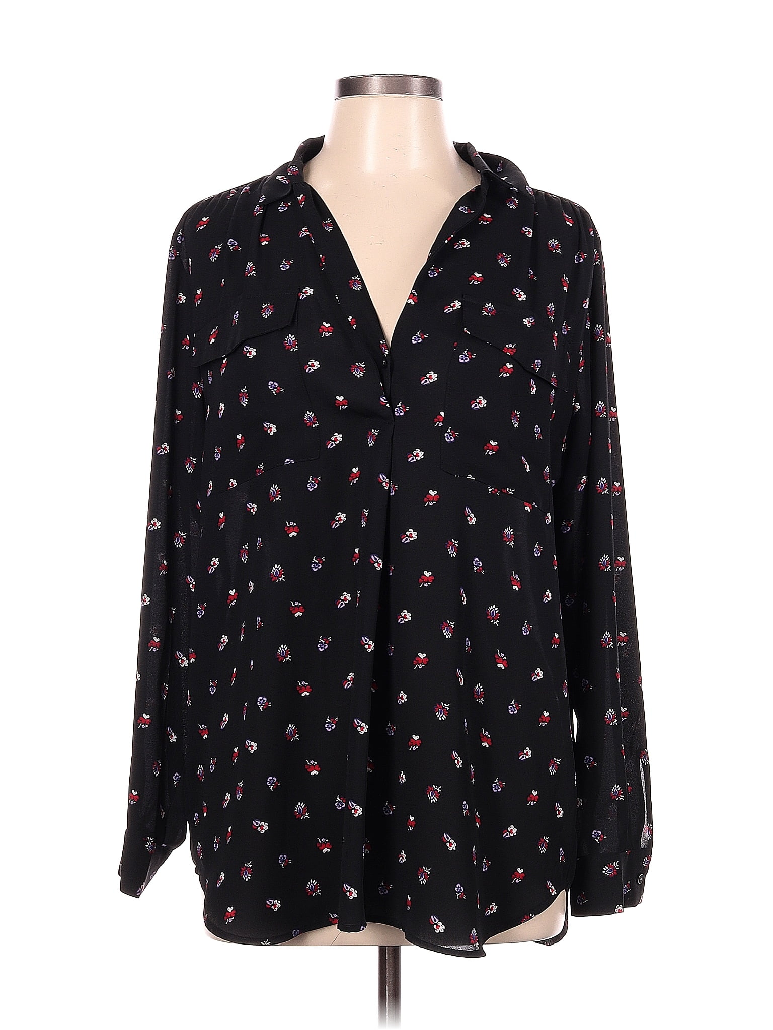 Ann Taylor 100 Polyester Polka Dots Black Long Sleeve Blouse Size L