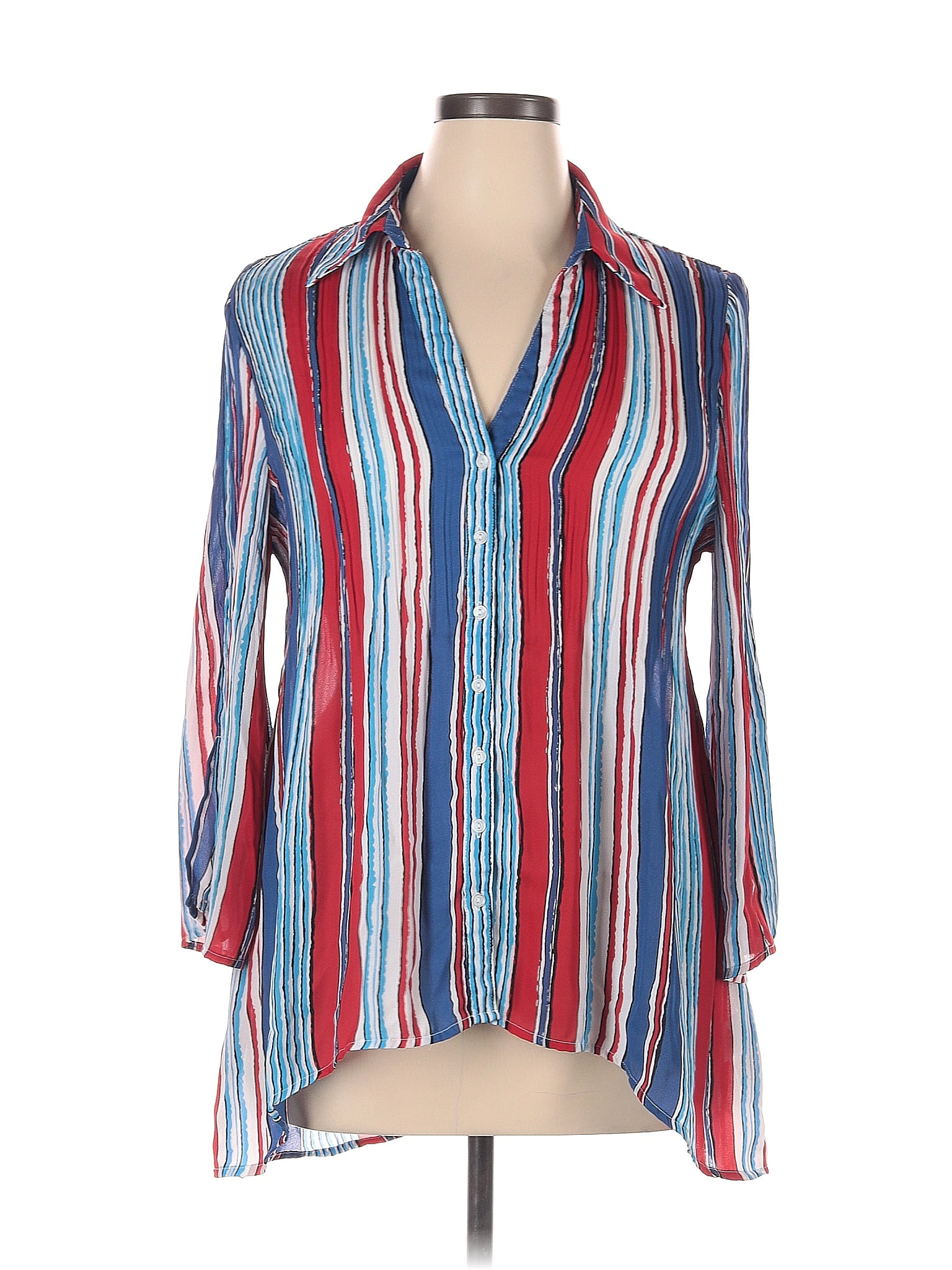 Valerie Stevens 100% Polyester Stripes Blue Long Sleeve Blouse Size XL ...