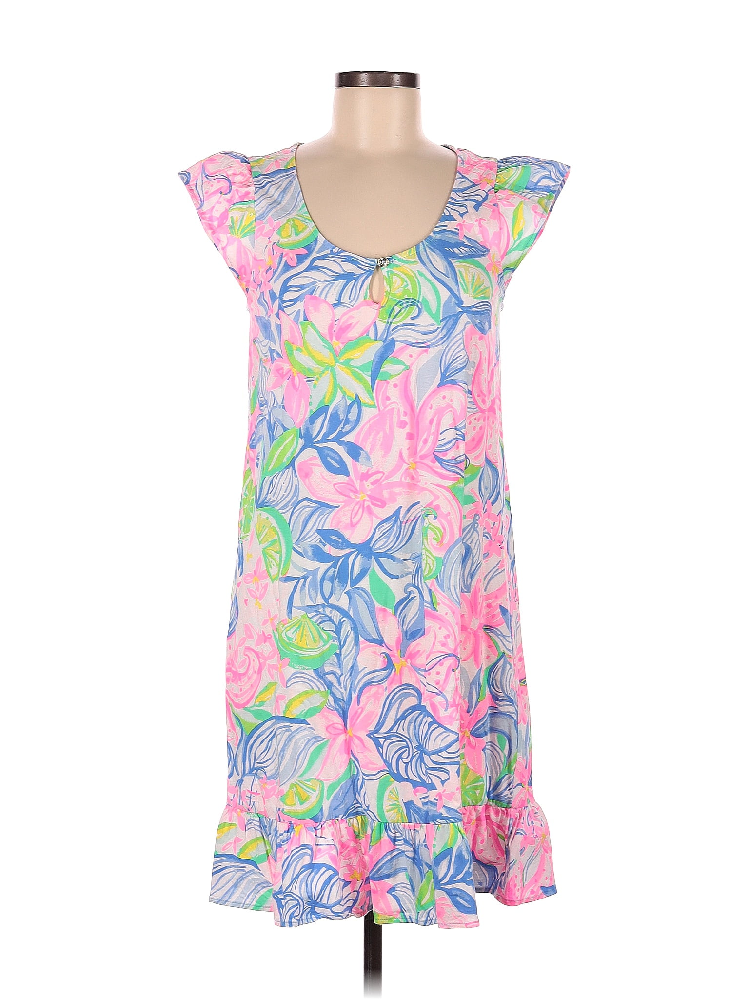 Lilly Pulitzer 100 Cotton Floral Multi Color Pink Casual Dress Size M