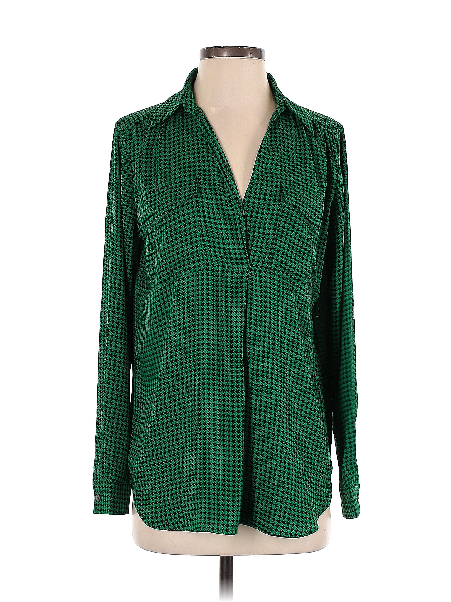 Ann Taylor Factory 100 Polyester Checkered Gingham Green Long Sleeve